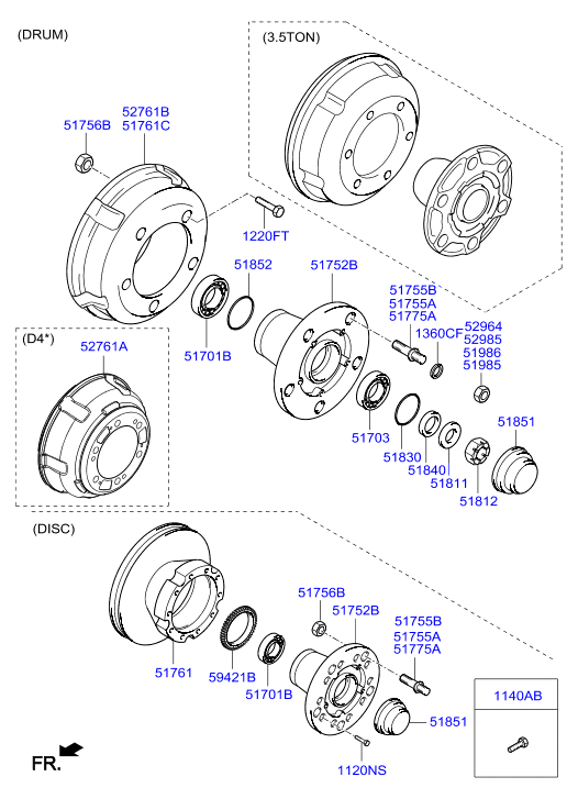 Схема устройства передней ступицы HD78, HD72